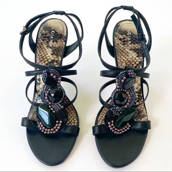 Gianni Bini Stone and Bead Strappy Heel Leather Sandals 8.5 - Picture 3 of 12